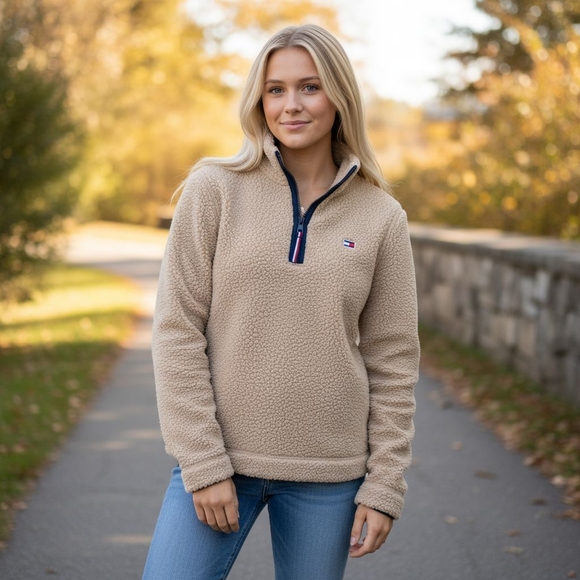Tommy Hilfiger Tan Sherpa Quarter-Zip Pullover - Picture 1 of 6